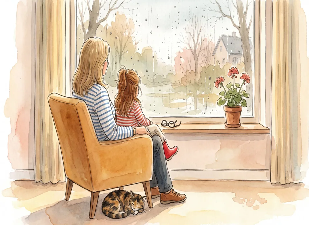Een ouder en kind samen in een stoel bij het raam, met een slapende poes eronder